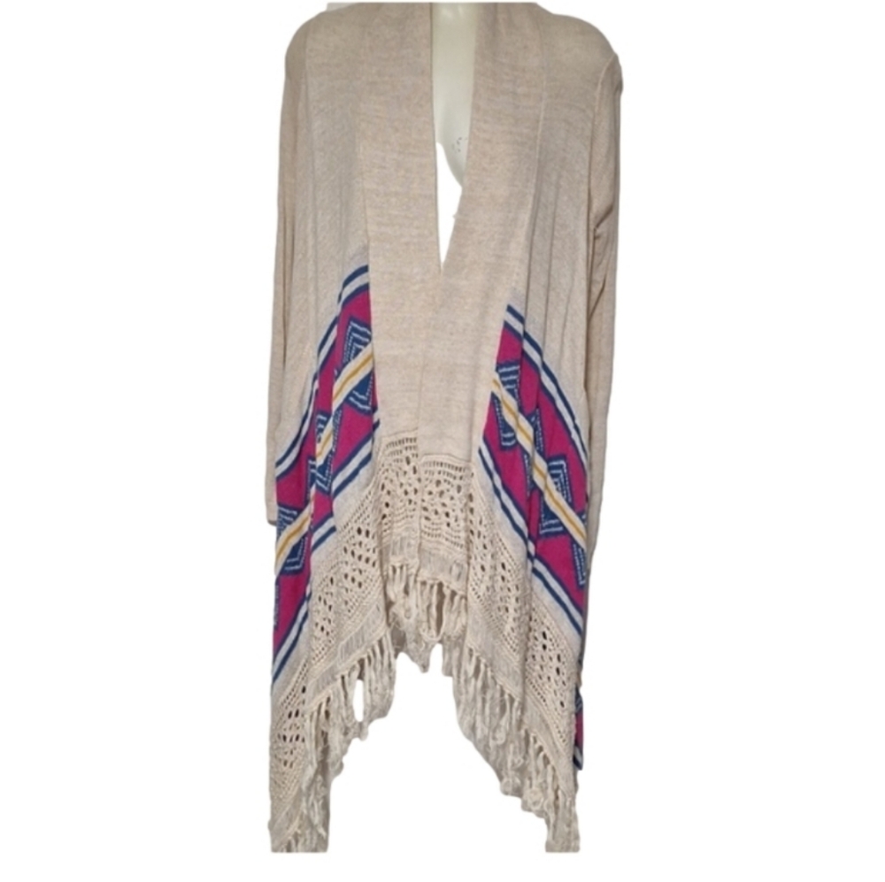 Billabong Beige Open Cardigan Pink and Blue Accents Crochet Fringe Hem